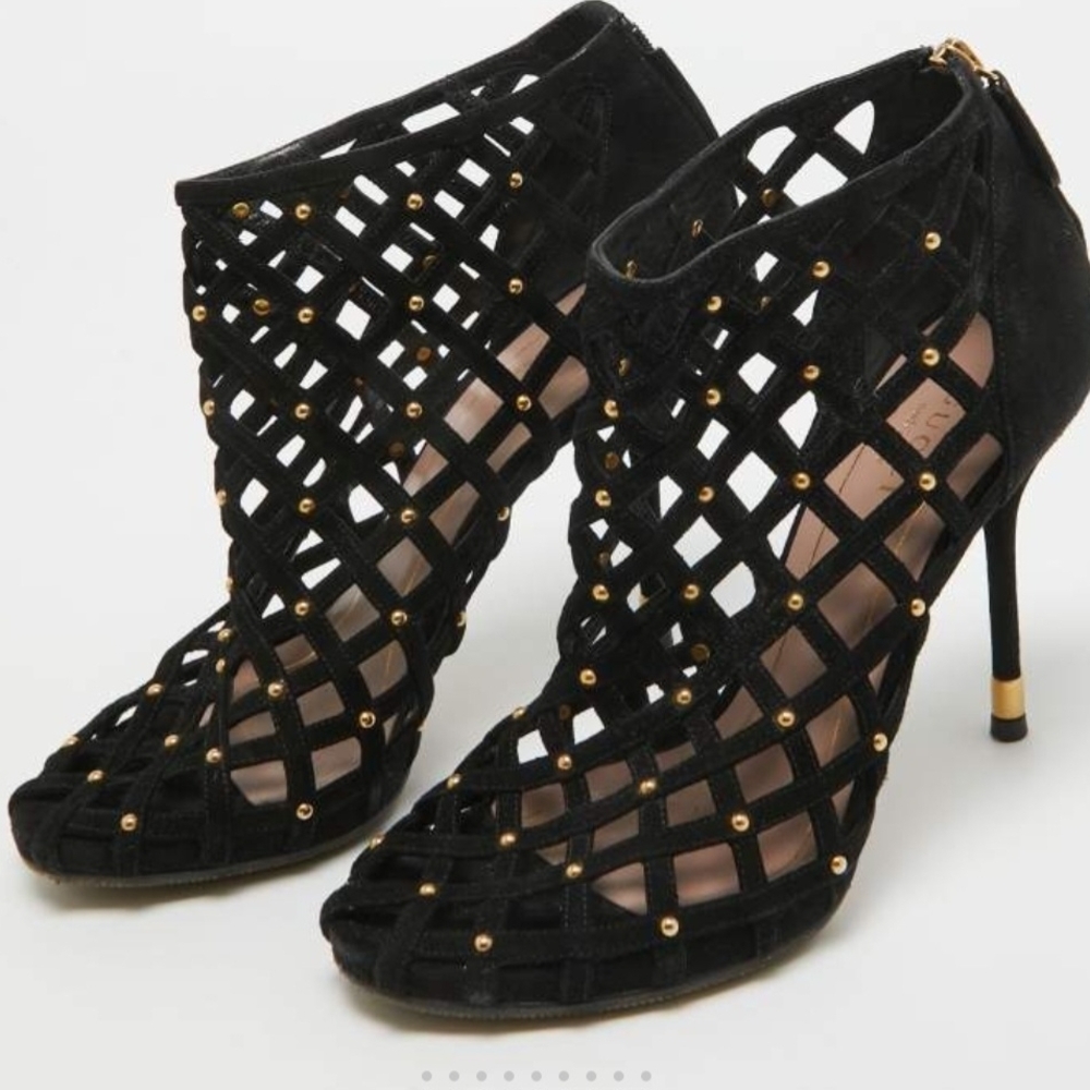 Black Gucci suede gold studded cage booties